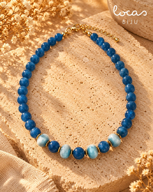 IRIA colar em jade natural azul com detalhes dourados