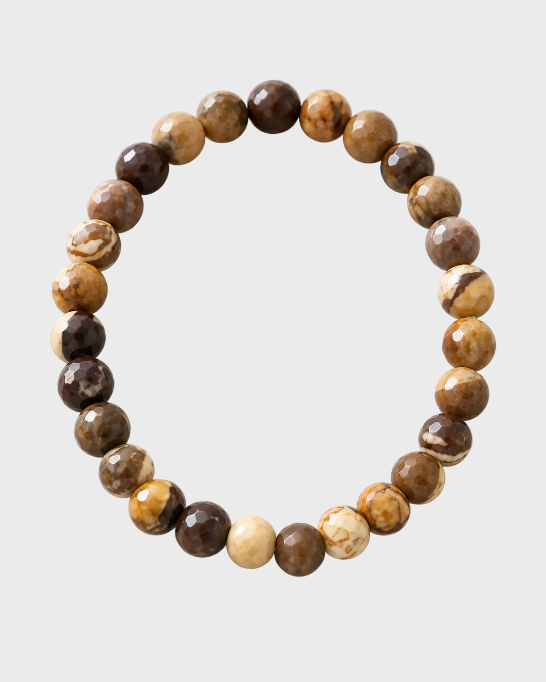 Pulseira masculina TERRA Locas Biju em pedras naturais facetadas, fotografia de produto em fundo cinza-claro