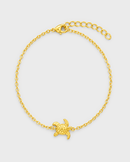 Pulseira SIREA dourada em aço inoxidável com tartaruga em relevo, disposta em oval, com fecho e extensor na parte superior, fundo cinzento-claro