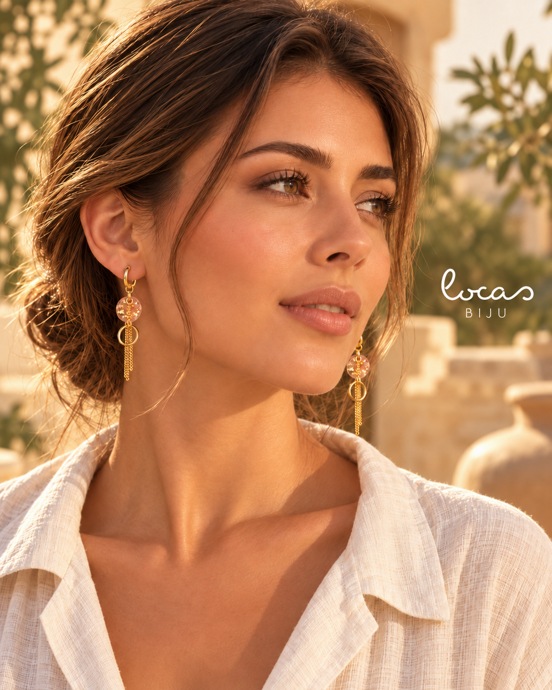 SOLARA brincos dourados em look mediterrânico